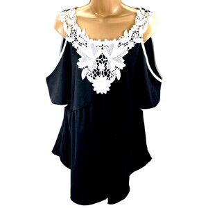 Joress Curve Lace Crochet Cold Shoulder Top 2XL Women Black Whimsigoth Fairy Y2K